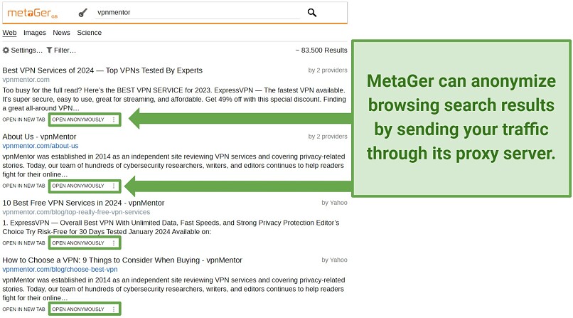 A screenshot showing MetaGer anonymizes search results by sending your requests through a proxy server.