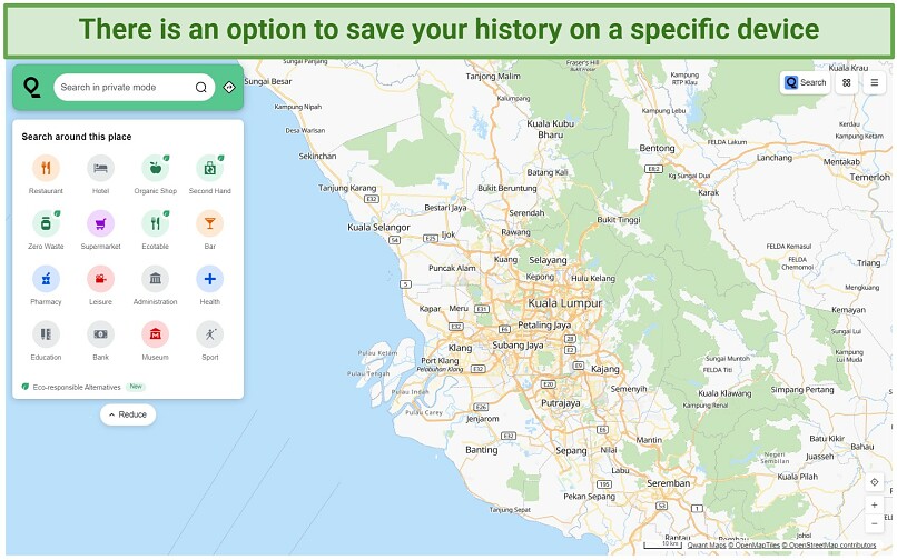 Screenshot of Qwant map-based search with the map interface and its business type filters.