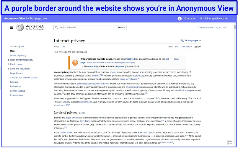 Screenshot of viewing Wikipedia using Startpage Anonymous View.
