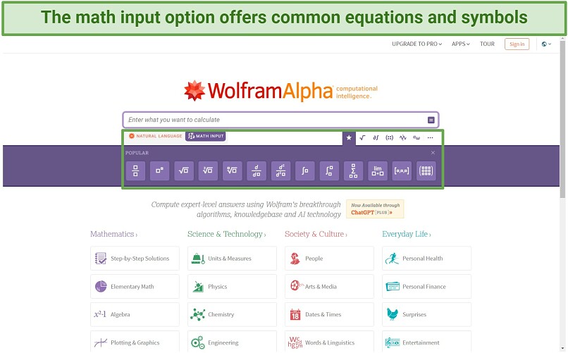 Screenshot of Wolfram Alpha's dashboard with its math input options and search categories.