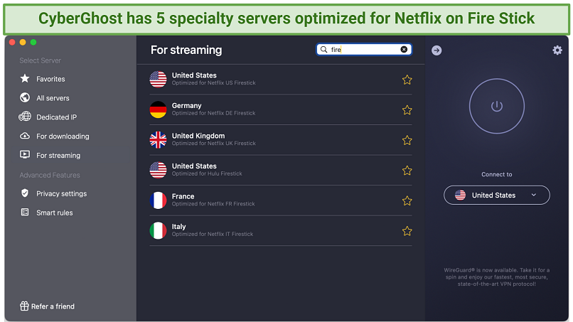Screenshot of the Netflix for Fire Stick specialty servers on the CyberGhost app