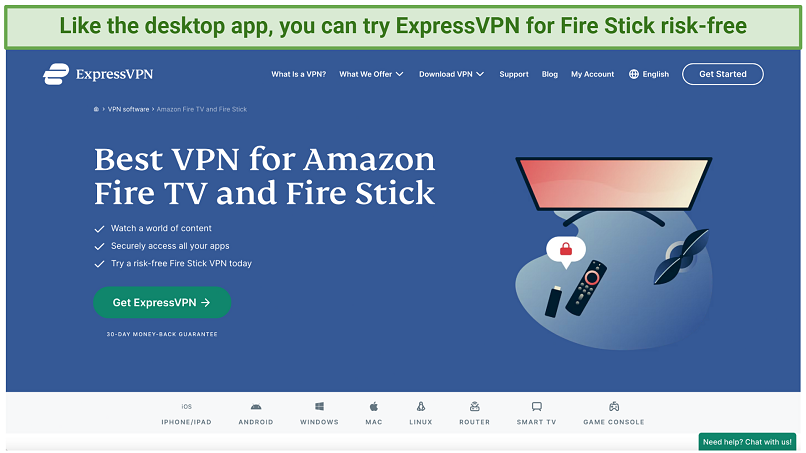 Screenshot showing the Fire Stick app page on the ExpressVPN website