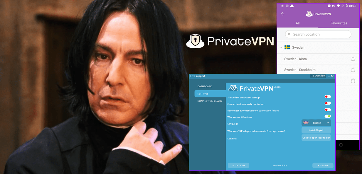 screenshot of Harry Potter playing with PrivateVPN UI