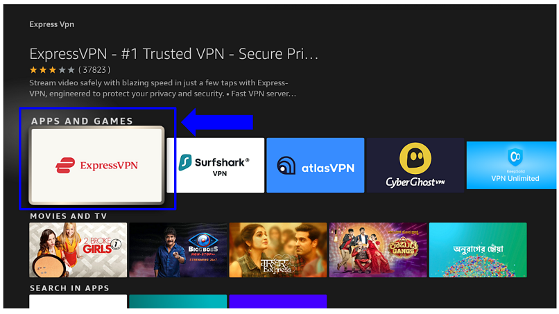 Amazon Appstore 표시 ExpressVPN 앱 표시