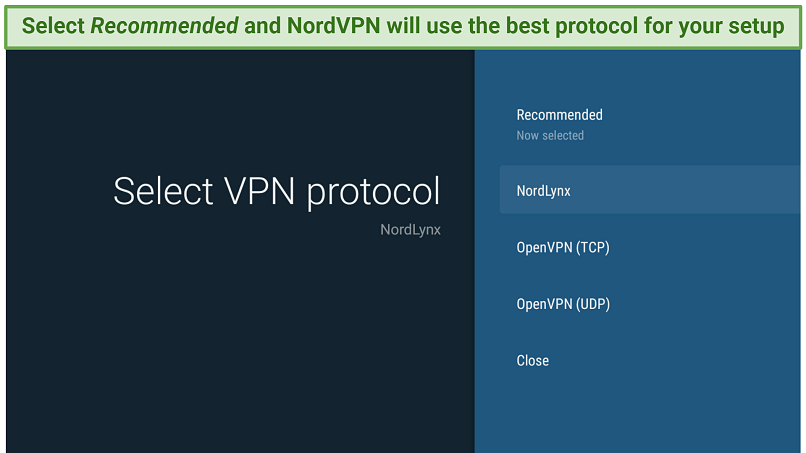 Screenshot showing the protocol selection page on the NordVPN Fire Stick app