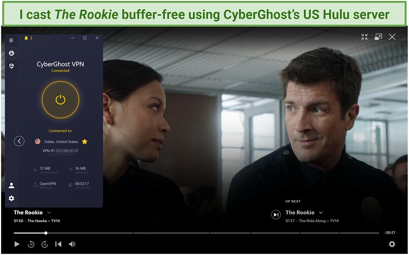Screenshot of The Rookie streaming on Hulu while CyberGhost is connected to a server in Dallas, US