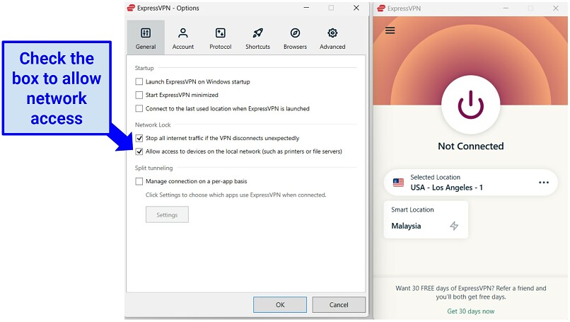 Screenshot of enabling allow network access in ExpressVPN's settings.
