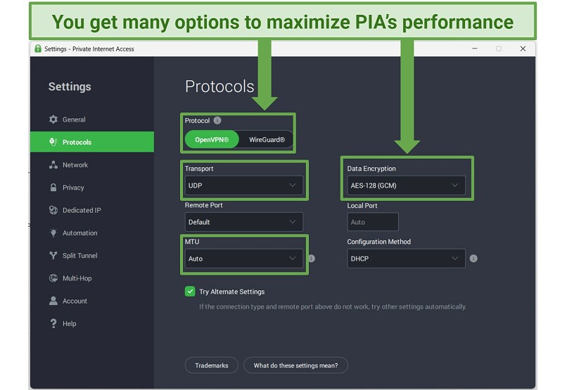 Screenshot of PIA's Protocols options in the settings menu highlighting the VPN tunnel, encryption level, and MTU size