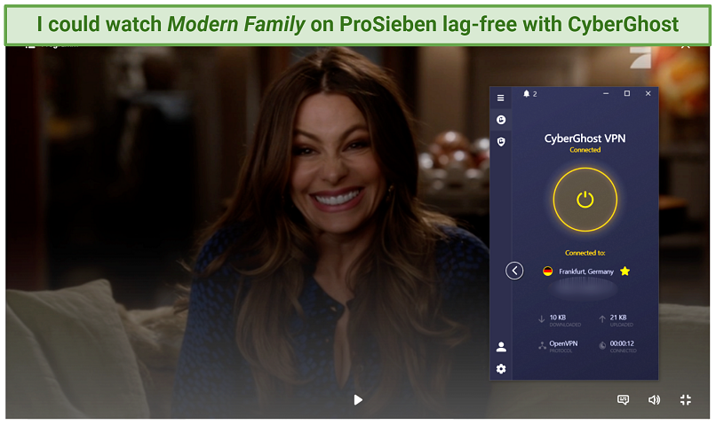 A screenshot showing Modern Family playing on ProSieben Germany while connected to CyberGhost's Frankfurt server
