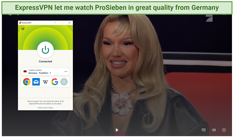 A screenshot showing ProSieben Germany content playing while connected to ExpressVPN's Frankfurt server