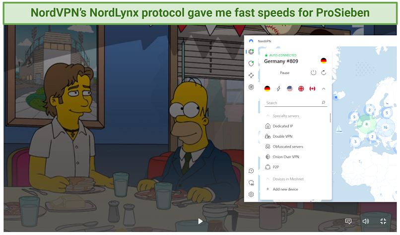A screenshot showing The Simpsons playing on ProSieben Germany while connected to one of NordVPN's Germany servers