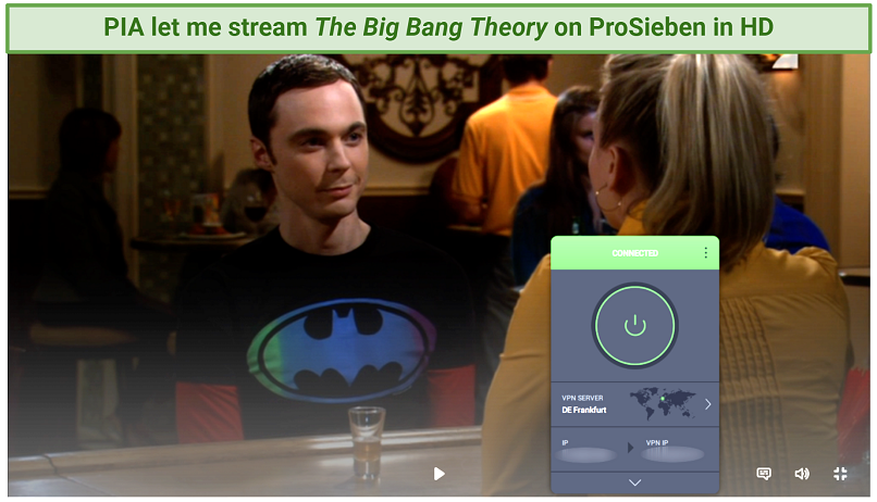 A screenshot showing The Big Bang Theory playing on ProSieben Germany while connected to PIA's Frankfurt server