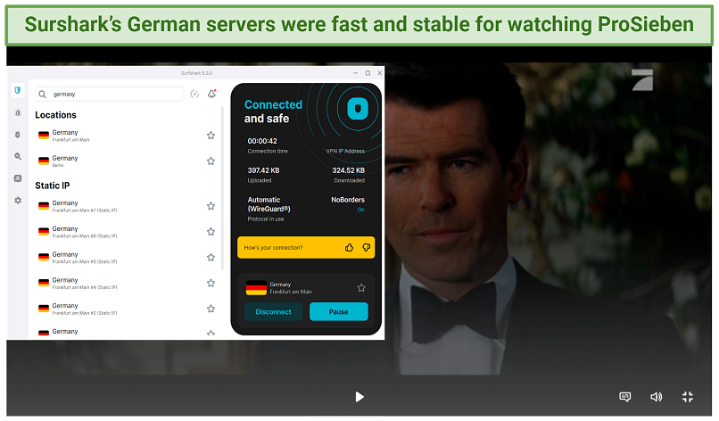 A screenshot showing James Bond: The World is Not Enough playing on ProSieben Germany while connected to Surfshark's Frankfurt server