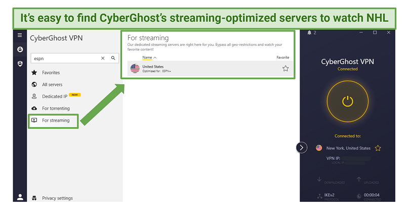 a screenshot of CyberGhost's Windows app, with a streaming-optimized server shown