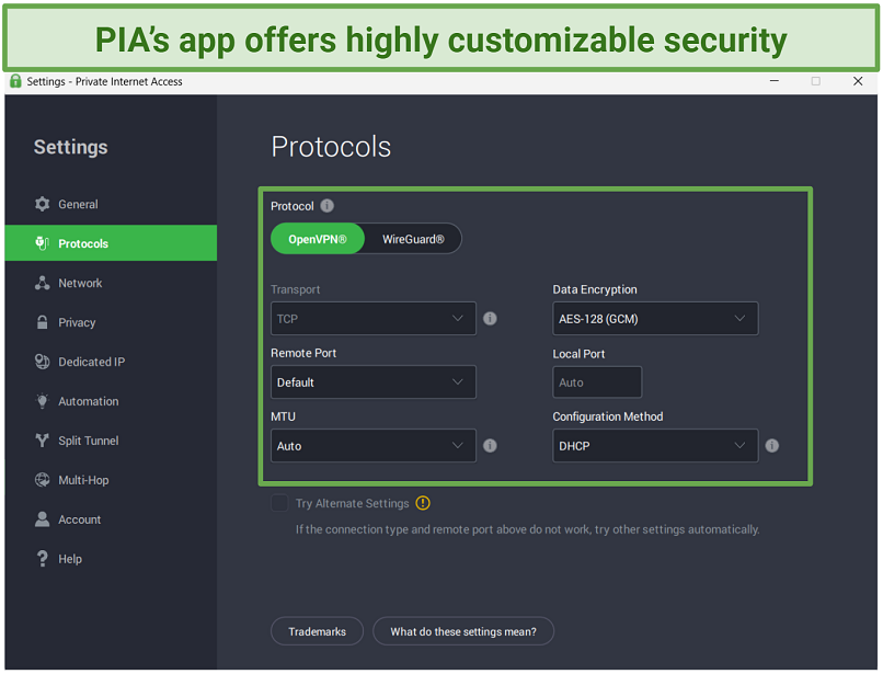 Screenshot of PIA's highly customizable security settings