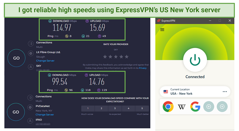 a screenshot of two speed tests, with ExpressVPN's US New York server connected