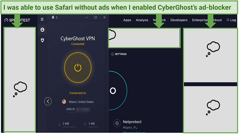 A screenshot showing how effective CyberGhost&rsquo;s ad-blocker is.