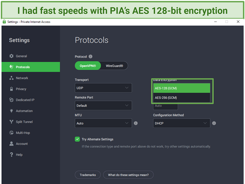 A screenshot showing PIA&rsquo;s encryption options.