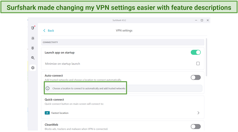 A screenshot showing Surfshark&rsquo;s simple and easy to understand settings menu.