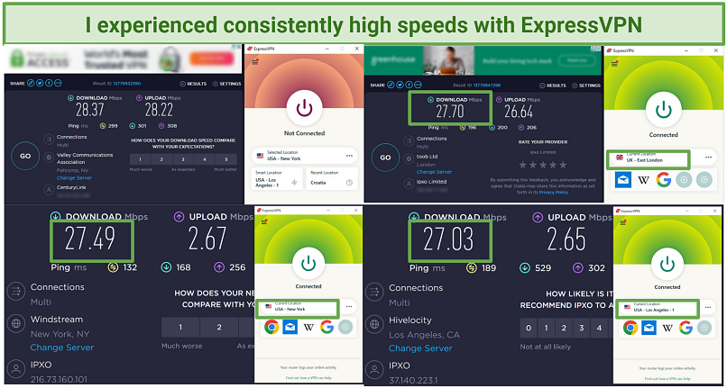 Screenshots of speed tests while connected to some of ExpressVPN&rsquo;s servers