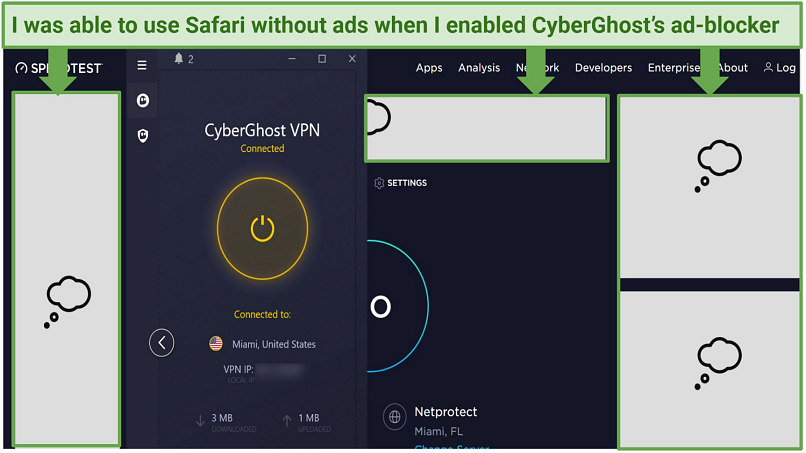 A screenshot showing how effective CyberGhost's ad-blocker is.