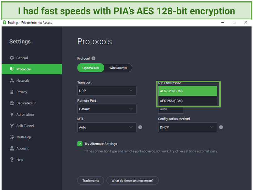 A screenshot showing PIA's encryption options.