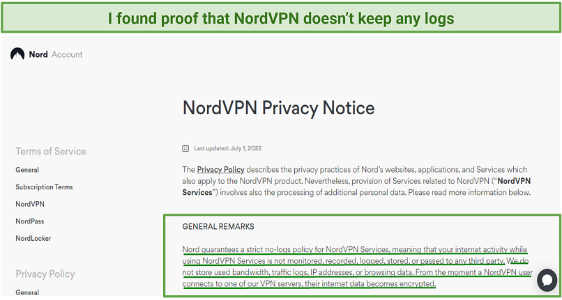 Screenshot showing NordVPN's privacy policy stating it doesn't log users data.