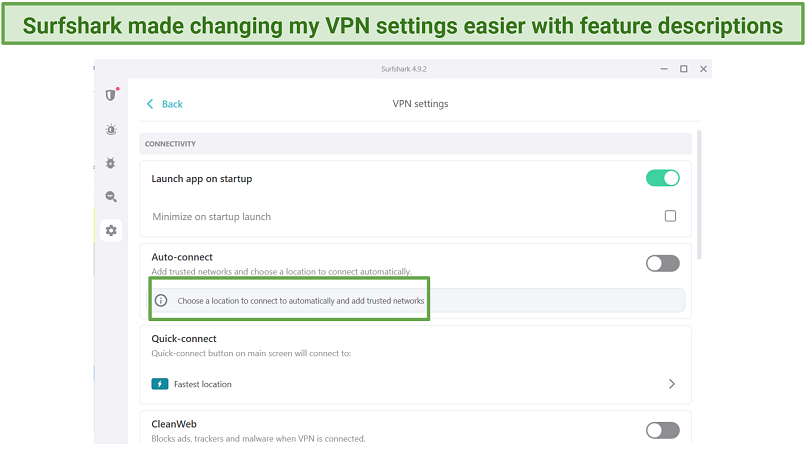 A screenshot showing Surfshark's simple and easy to understand settings menu.