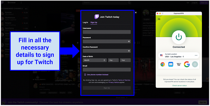A screenshot of the login page on Twitch while connected to ExpressVPN
