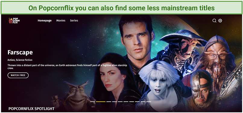 Screenshots of Popcorn Flix homepage showing Farscape movie