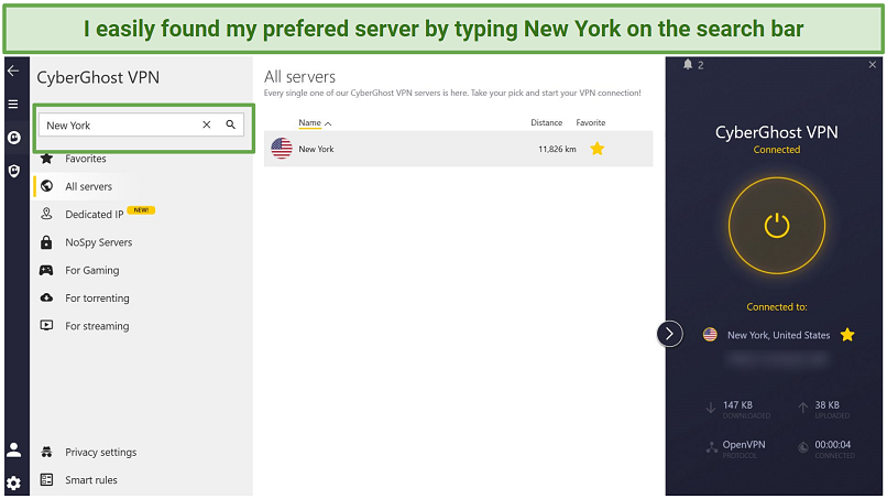 A screenshot on CyberGhost's clutter-free use-interface with it connected to a New York server