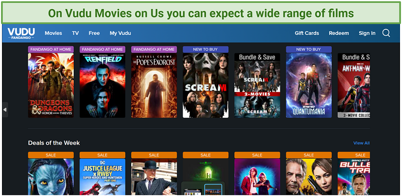 A screenshot of Vudu Movies on Us' homepage dashboard