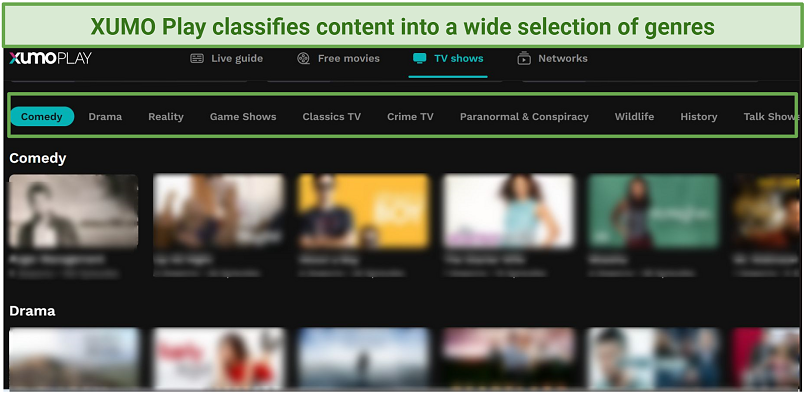 A screenshot showing how titles are categorized on XUMO Play's dashboard