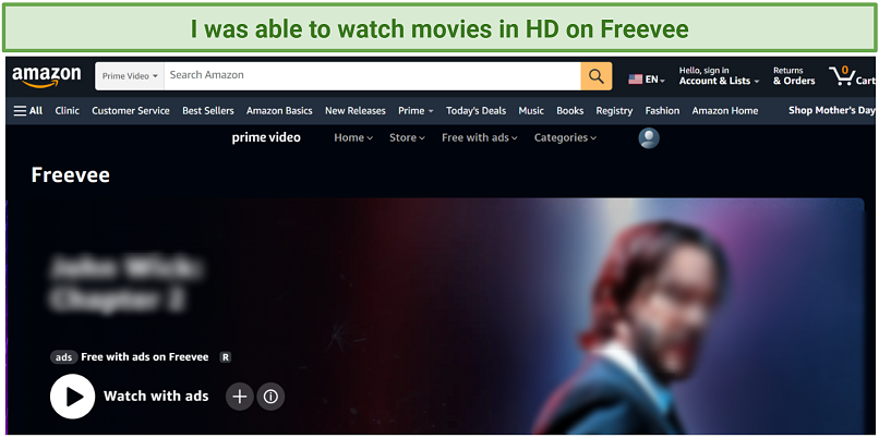 A snapshot on Freevee browser version user interface