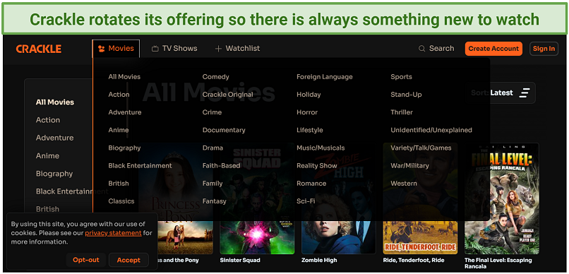 Screenshot of Crackle's interface showing all the content categories.