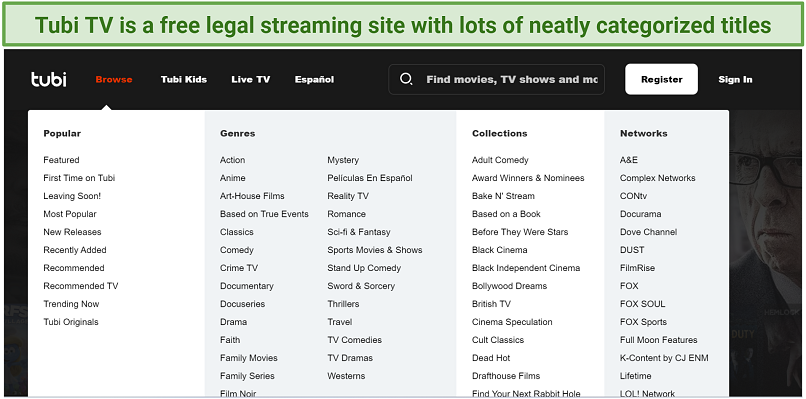 A screenshot of Tubi TV's homepage showing the content genres and collections you can browse through on its Browse tab