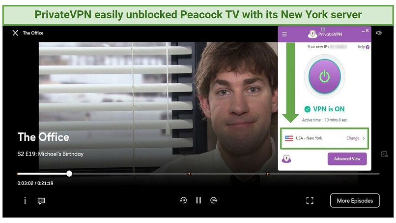 Screenshot of The Office playing on Peacock TV while connected to PrivateVPN's NY server