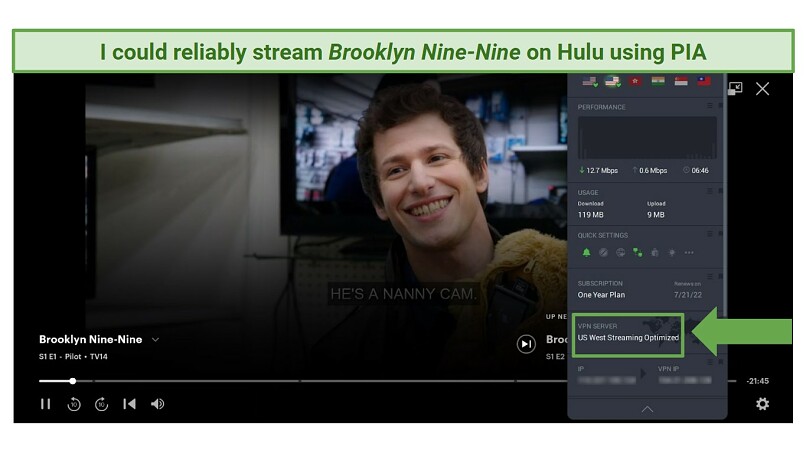 Screenshot of Brooklyn Nine-Nine playing on Hulu while connected to PIA's US West Streaming Optimized server