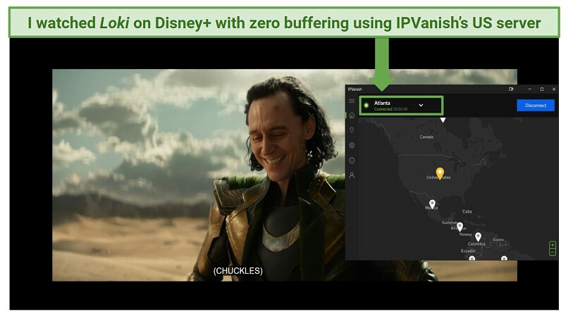 Screenshot of IPVanish's Windows interface while streaming Loki on Disney+