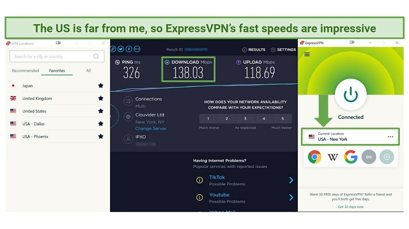 Screenshot of a speed test result while connected to ExpressVPN's New York server