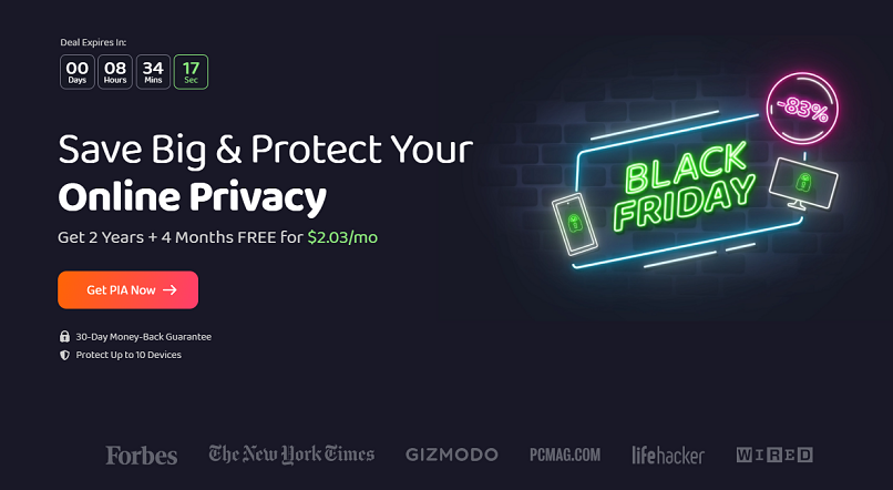 Screenshot showing PIA's special discount for Black Friday and Cyber Monday