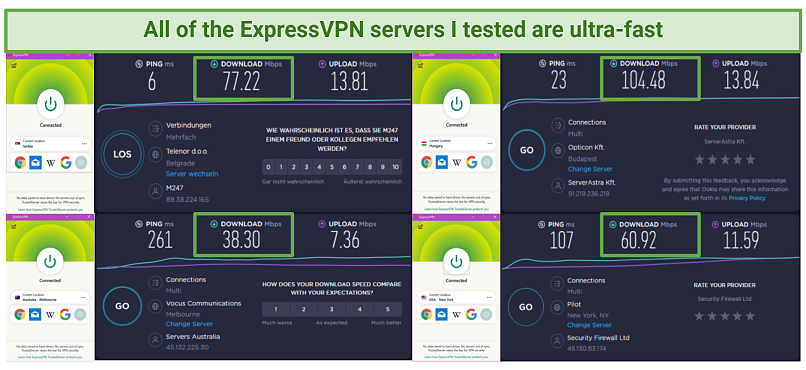 Server speed comparison showing ping, download, and upload speeds between 4 different ExpressVPN servers — Hungary, Serbia, Melbourne, and New York