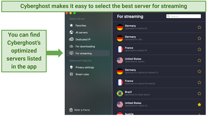 Cyberghost's app displaying its specialty servers, optimized for streaming purposes