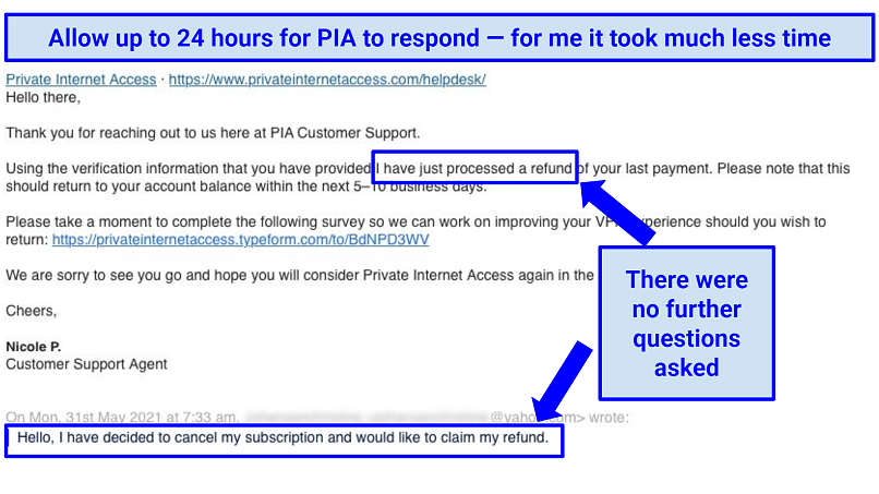 Email from Private Internet Access's help desk explaining that a customer refund has been issued and will be returned to the bank account within 5-10 days