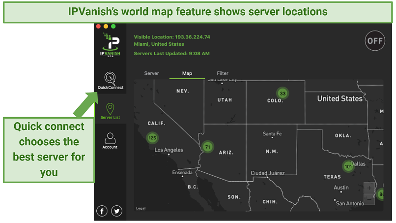 The IPVanish app's world map feature zoomed in on the western side of the US showing server locations and the number of servers in each location — there is also an arrow showing where the quick connect feature is to the left