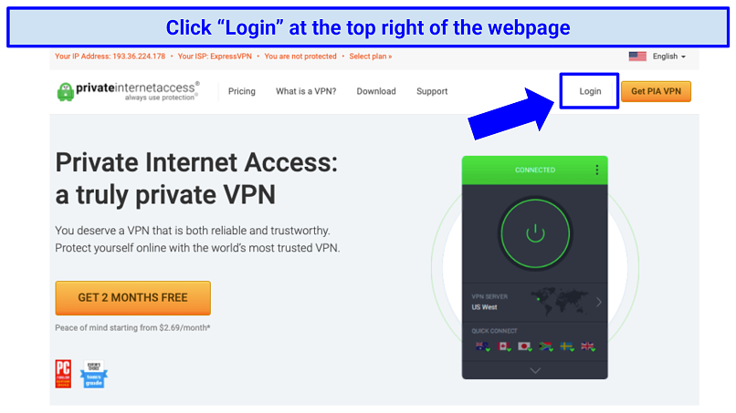 Private Internet Access' homepage with indication of where the Login button is at the top right corner of the screen