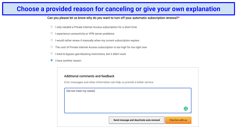 Private Internet Access's website asking the customer to select one of the 6 provided options as a reason for turning off auto-renewal in the customer control panel, with the opportunity to type additional comments and feedback
