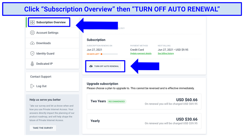 Private Access's customer control panel in the 