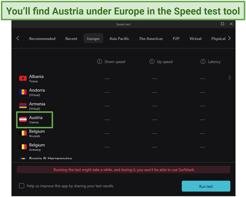 Screenshot of Surfshark's Speed test tool on its Windows app