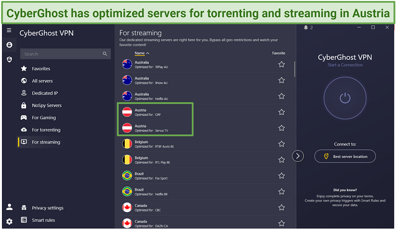 A screenshot showing CyberGhost's Streaming Optimized Servers in Austria for ORF and Servus TV.